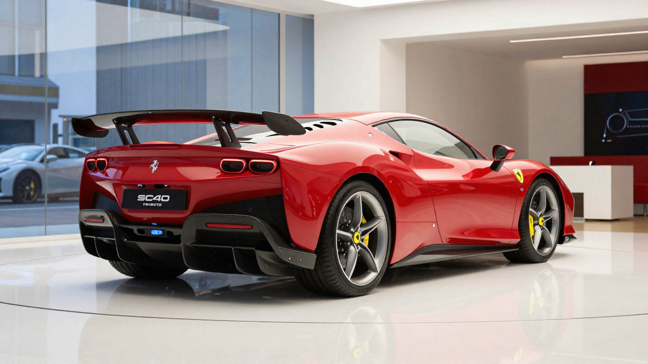 Carro esportivo vermelho Ferrari SC40 parado em sala de exposição com piso branco e paredes claras.