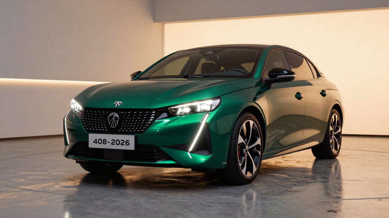 Carro verde metálico Peugeot 408 2026 em ambiente interno iluminado, vista frontal lateral direita.