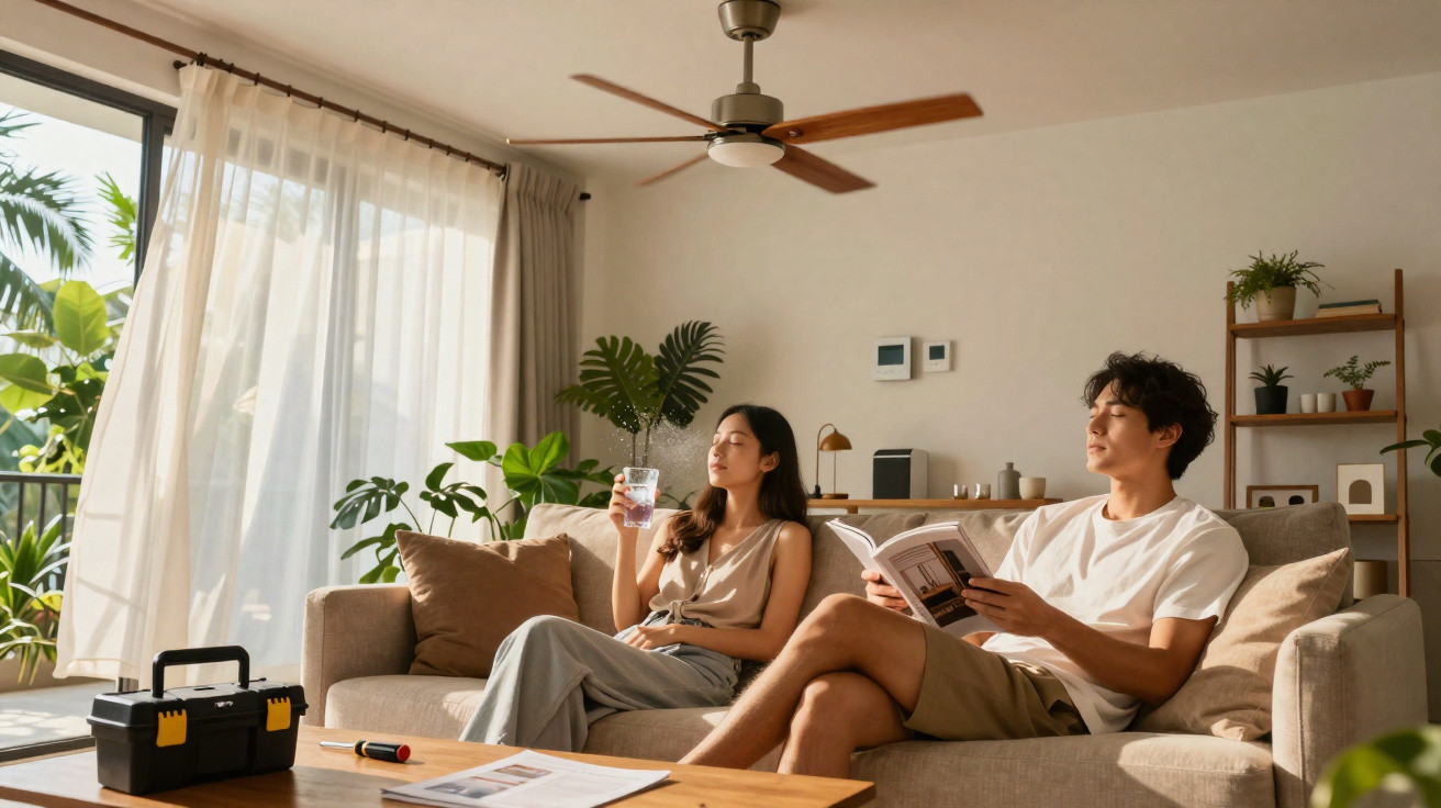 Casal relaxando em sofá iluminado por luz natural, ela bebendo água e ele lendo um livro.