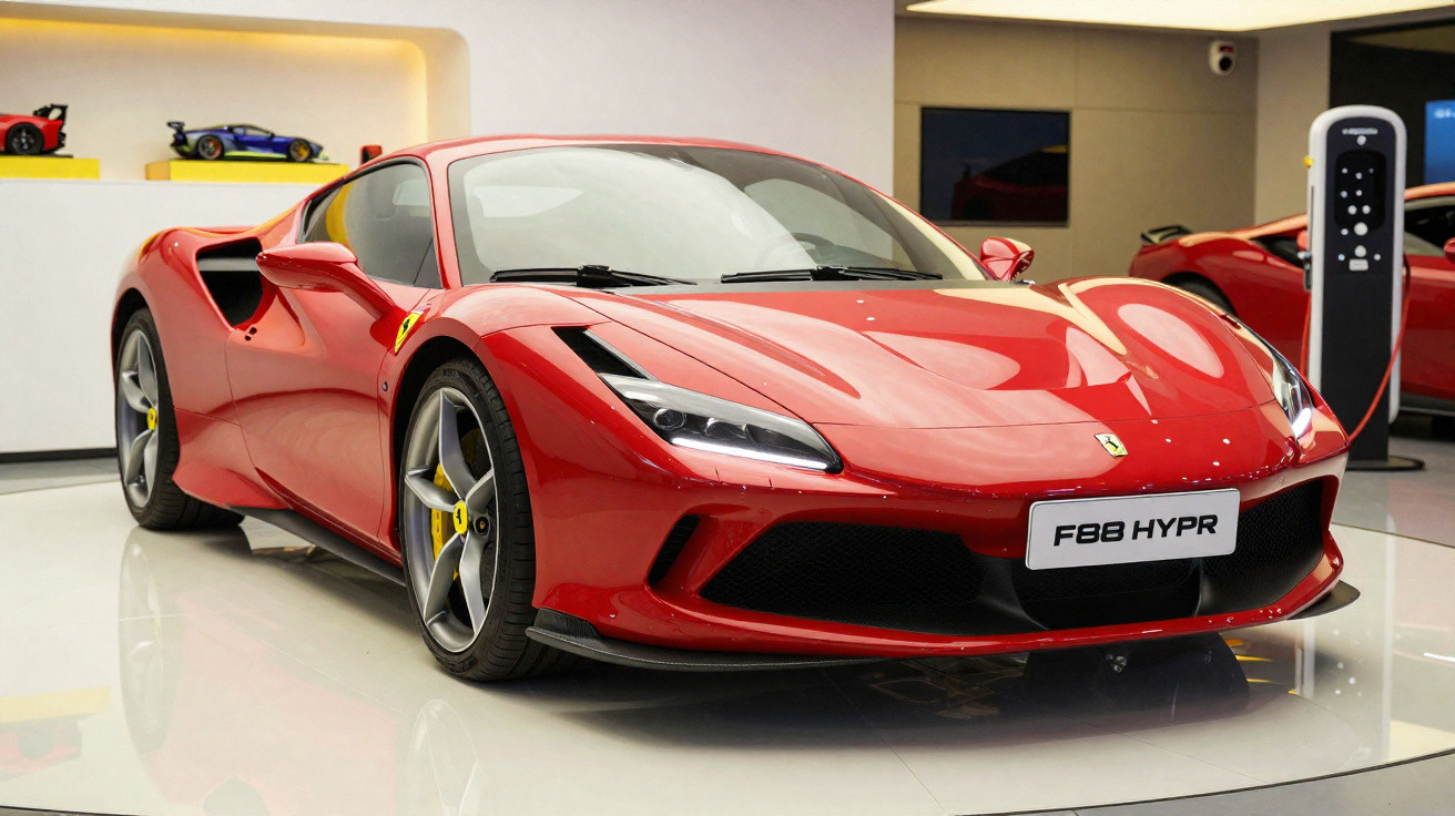 Carro esportivo Ferrari F8 HYPR vermelho exposto em ambiente interno moderno.