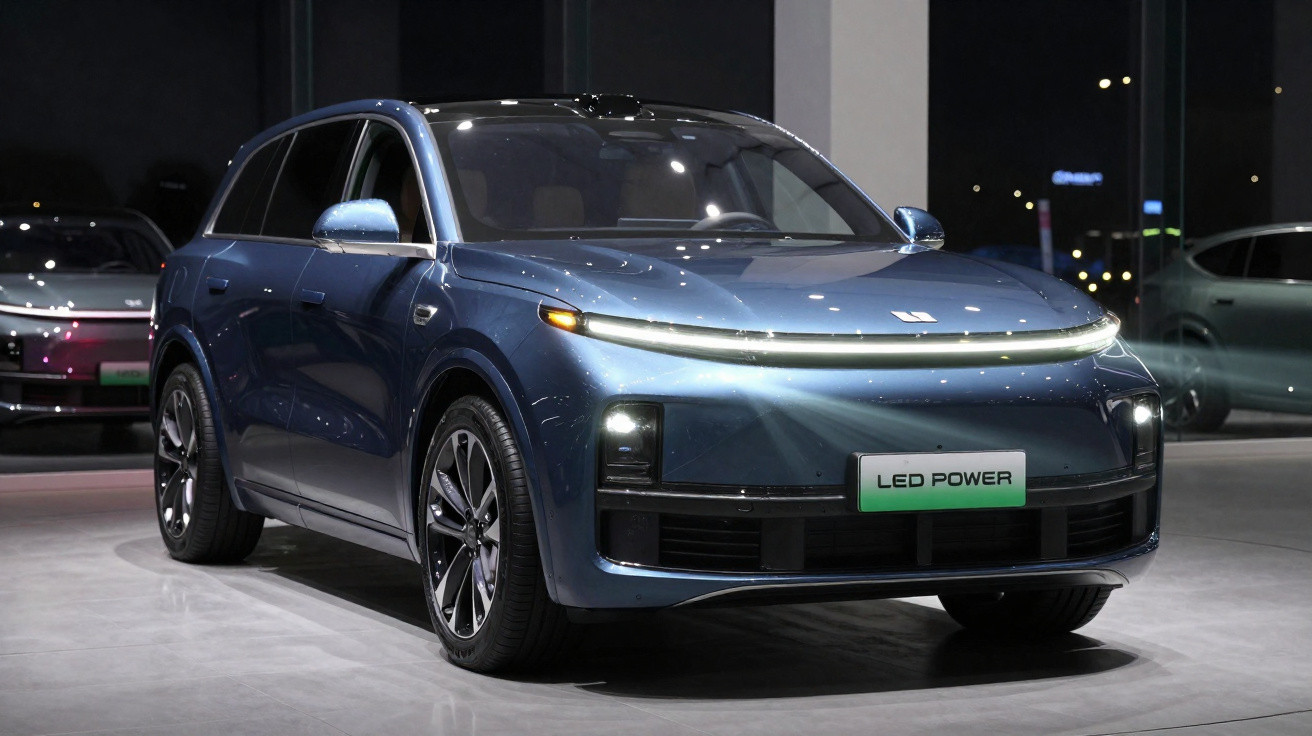 Carro SUV elétrico azul com faróis em LED e placa escrita LED POWER exibido em showroom.