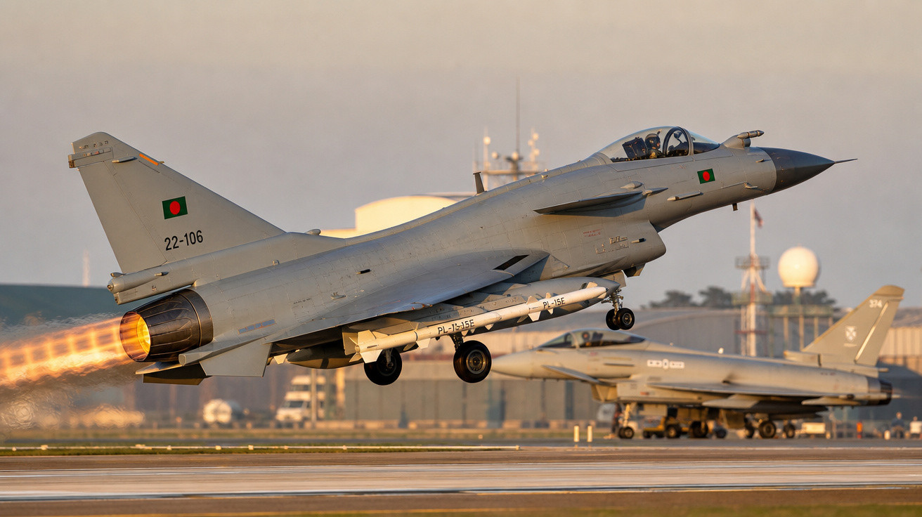 Caça militar de Bangladesh decolando com pós-combustor aceso em base aérea ao pôr do sol.
