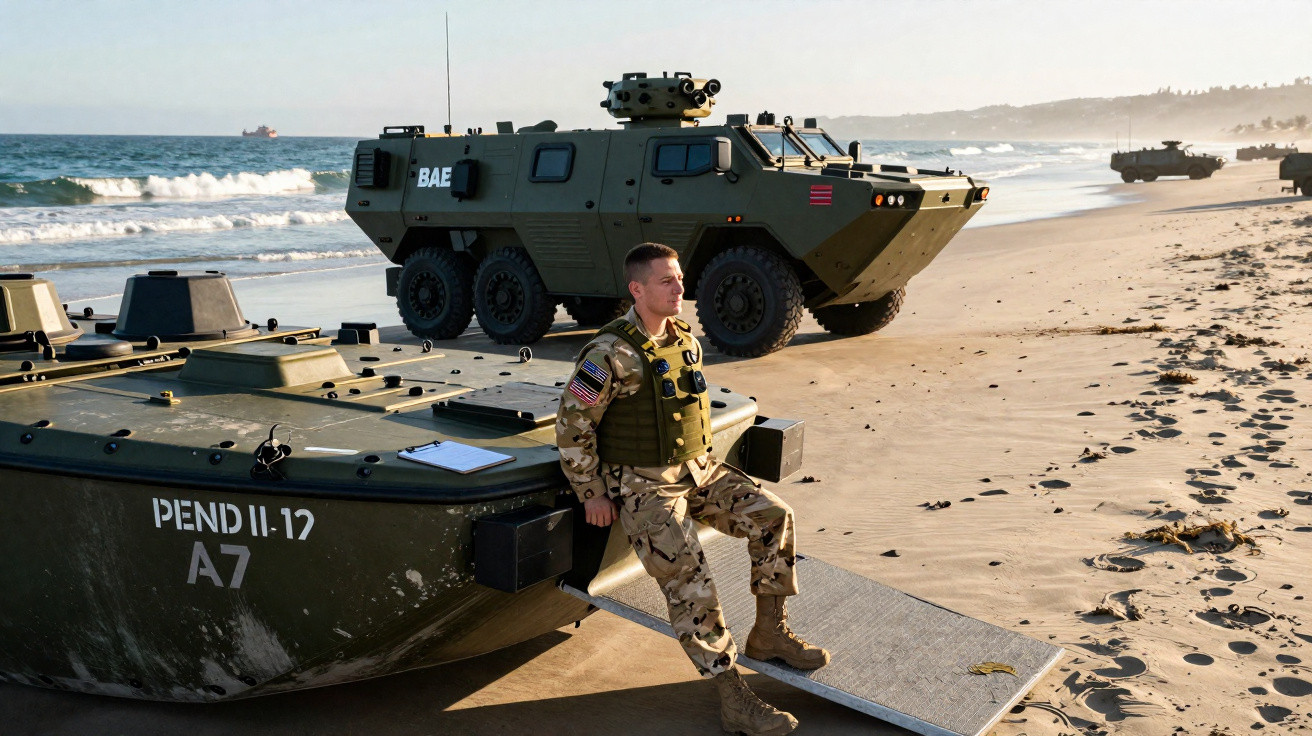 Soldado uniformizado sentado em veículo militar na areia da praia com tanque blindado ao fundo.