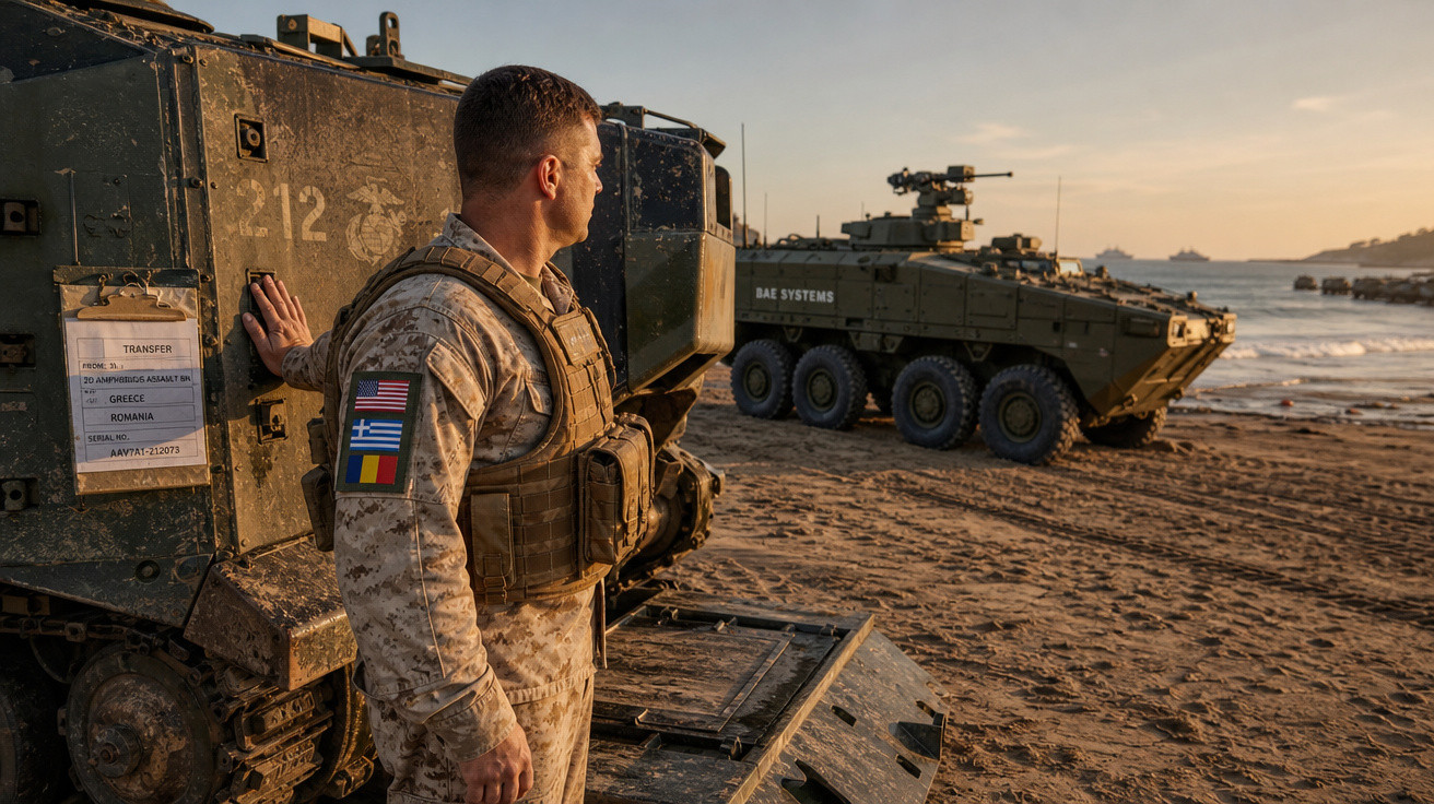 Soldado com uniforme militar observa veículos blindados na praia ao pôr do sol.