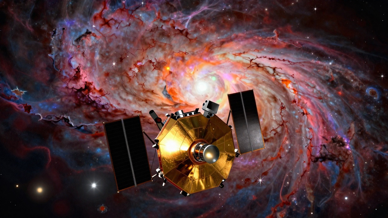 Satélite dourado com painéis solares no espaço, em frente a uma galáxia espiral colorida.