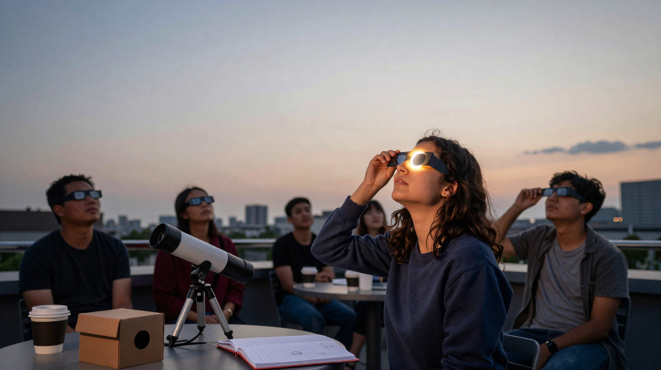 Grupo de pessoas usando óculos de eclipse observando o céu ao entardecer em área externa urbana.