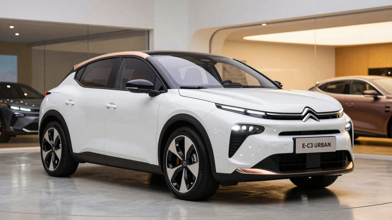 Carro elétrico Citroën E-C3 Urban branco exibido em showroom moderno com piso de concreto polido.