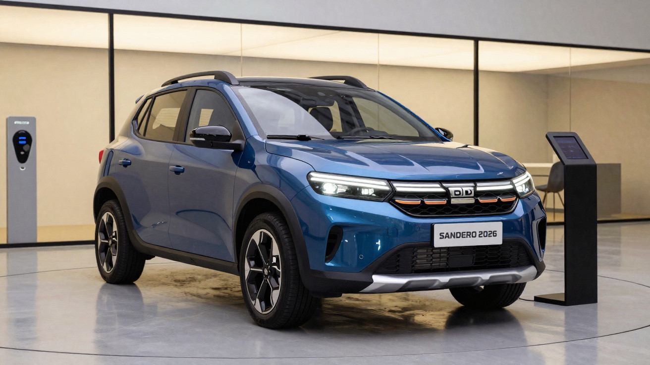 Carro elétrico azul Renault Sandero 2026 em exposição com estação de recarga ao lado em ambiente moderno.