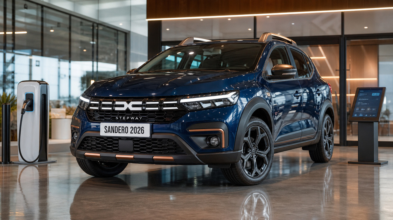 Carro Sandero 2026 azul escuro modelo Stepway em showroom moderno com estação de recarga ao fundo.