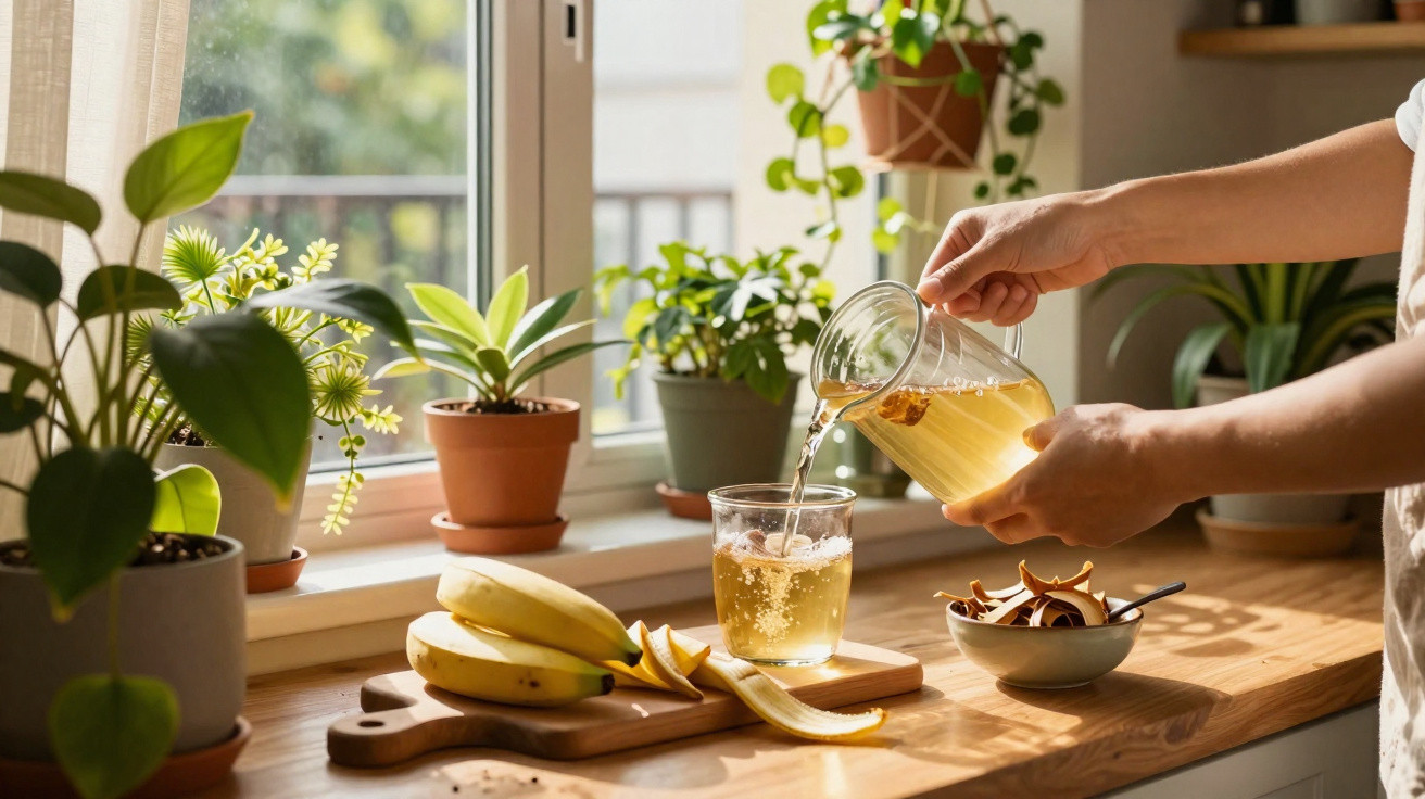 Mãos servindo chá em copo, bananas descascadas e plantas em janela iluminada pela luz natural.
