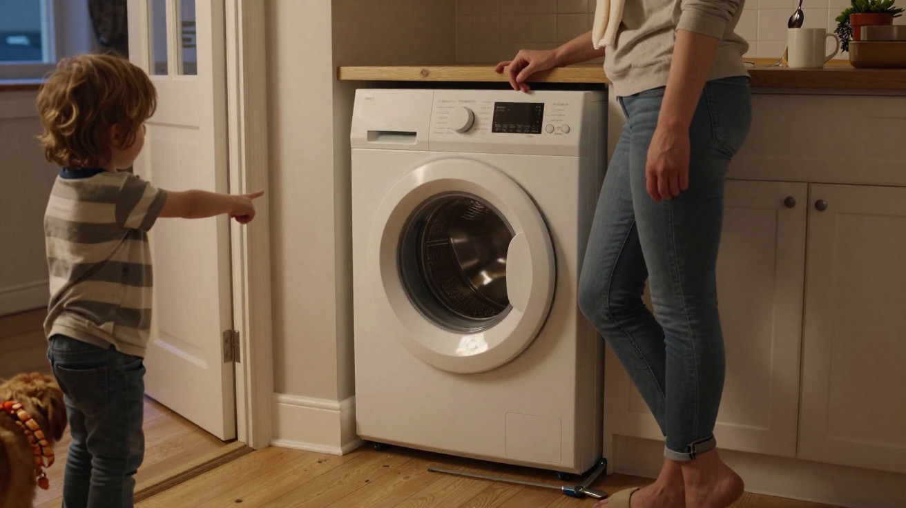 Criança apontando para máquina de lavar roupas enquanto adulta observa em cozinha com piso de madeira.