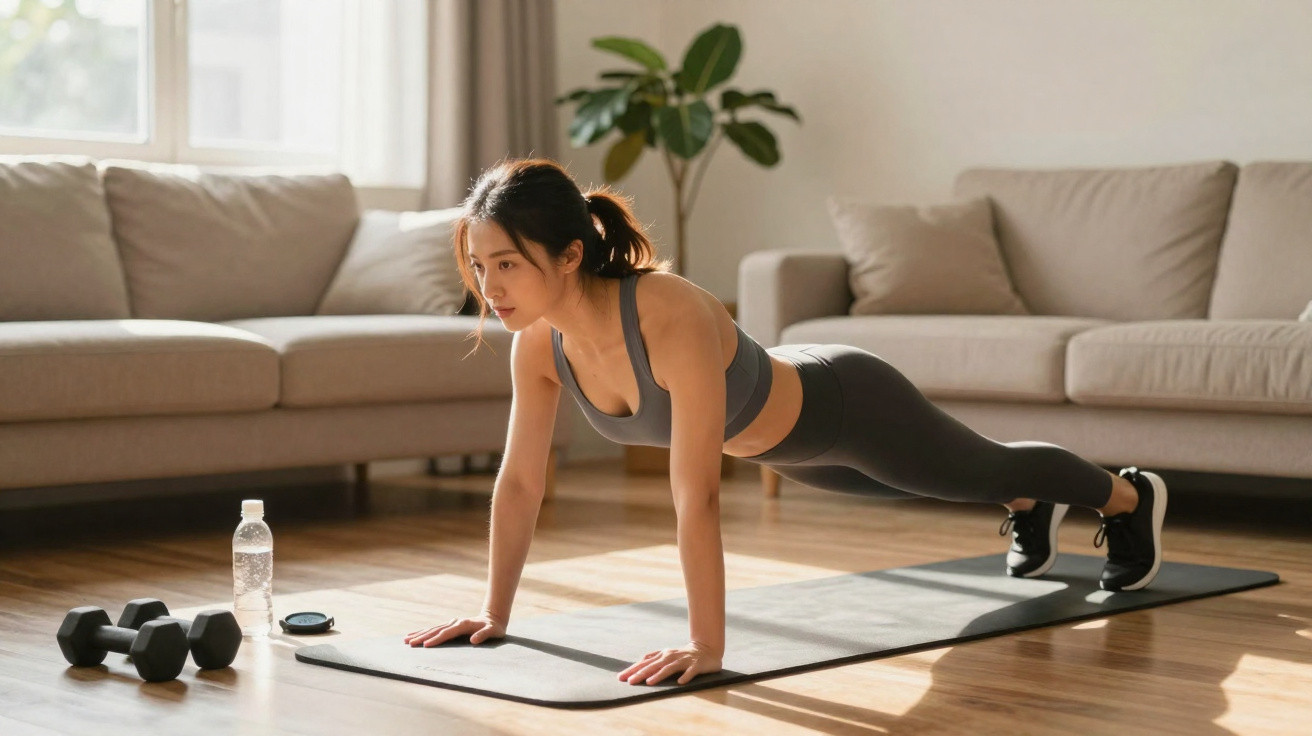 Mulher praticando prancha no tapete de yoga na sala com sofá, halteres e garrafa d'água ao lado.