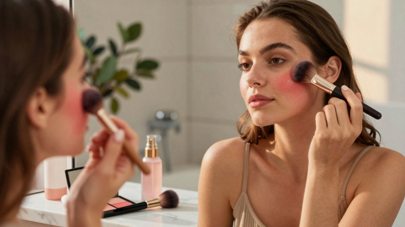 Mulher aplicando blush rosa nas bochechas olhando seu reflexo no espelho do banheiro.