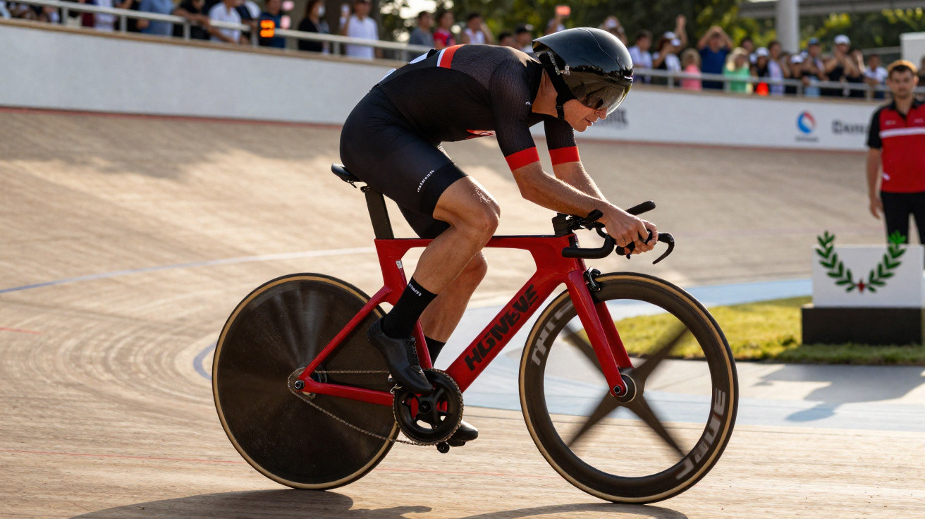 Ciclista de capacete e roupa preta competindo em pista de velódromo com bicicleta vermelha.