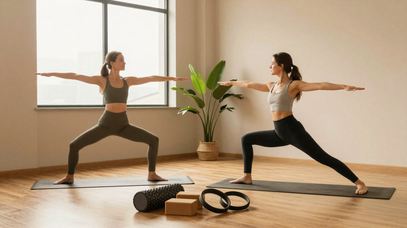 Duas mulheres praticando yoga em estúdio com luz natural, plantas e acessórios de exercício no chão.