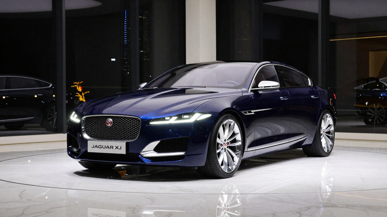 Carro sedan luxuoso Jaguar XJ azul em exibição em ambiente interno com piso branco brilhante.