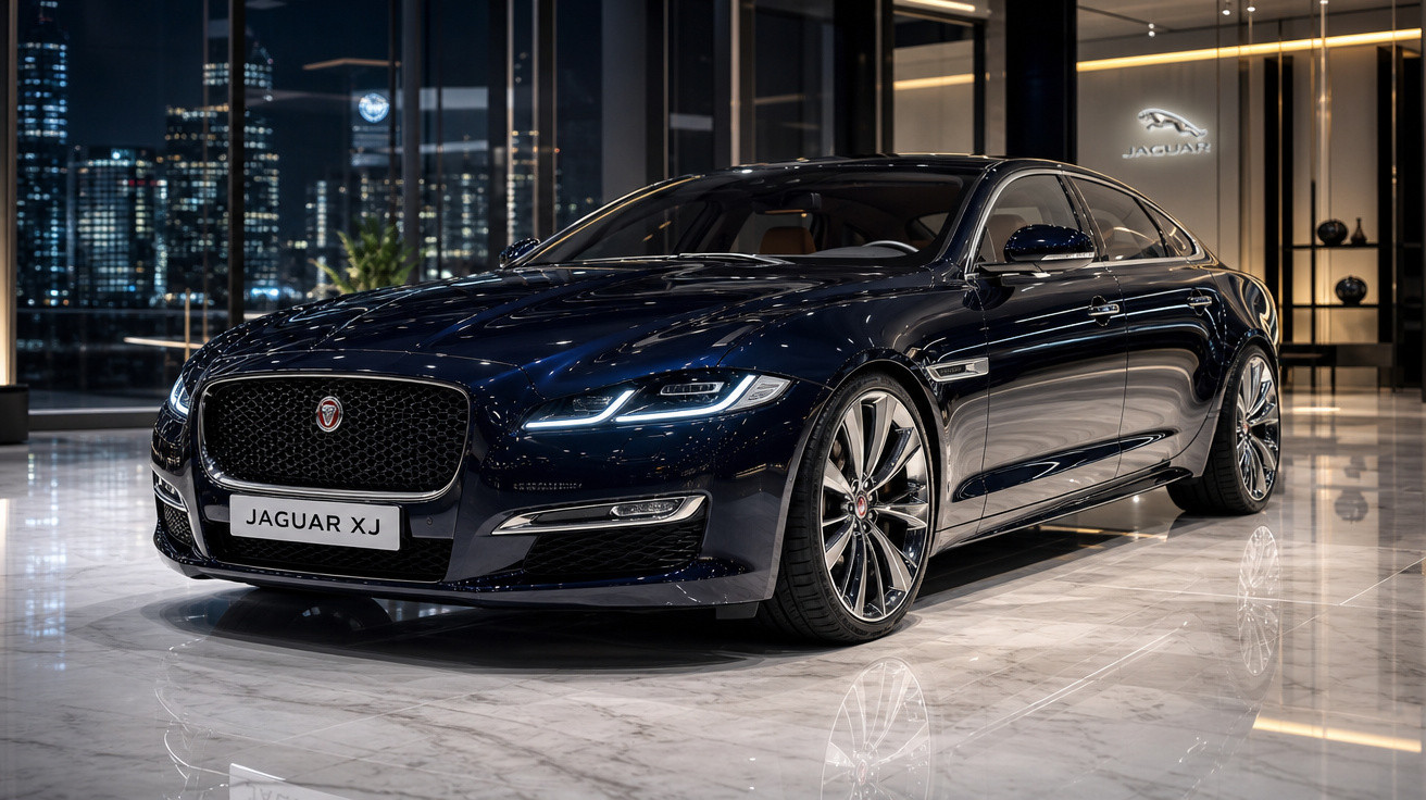 Carro preto Jaguar XJ em showroom moderno com piso de mármore e iluminação sofisticada.