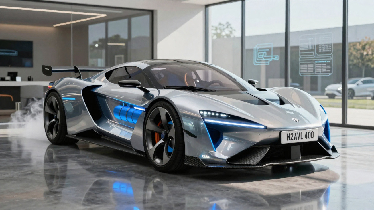 Carro esportivo prata com detalhes em azul em showroom moderno com piso refletivo.