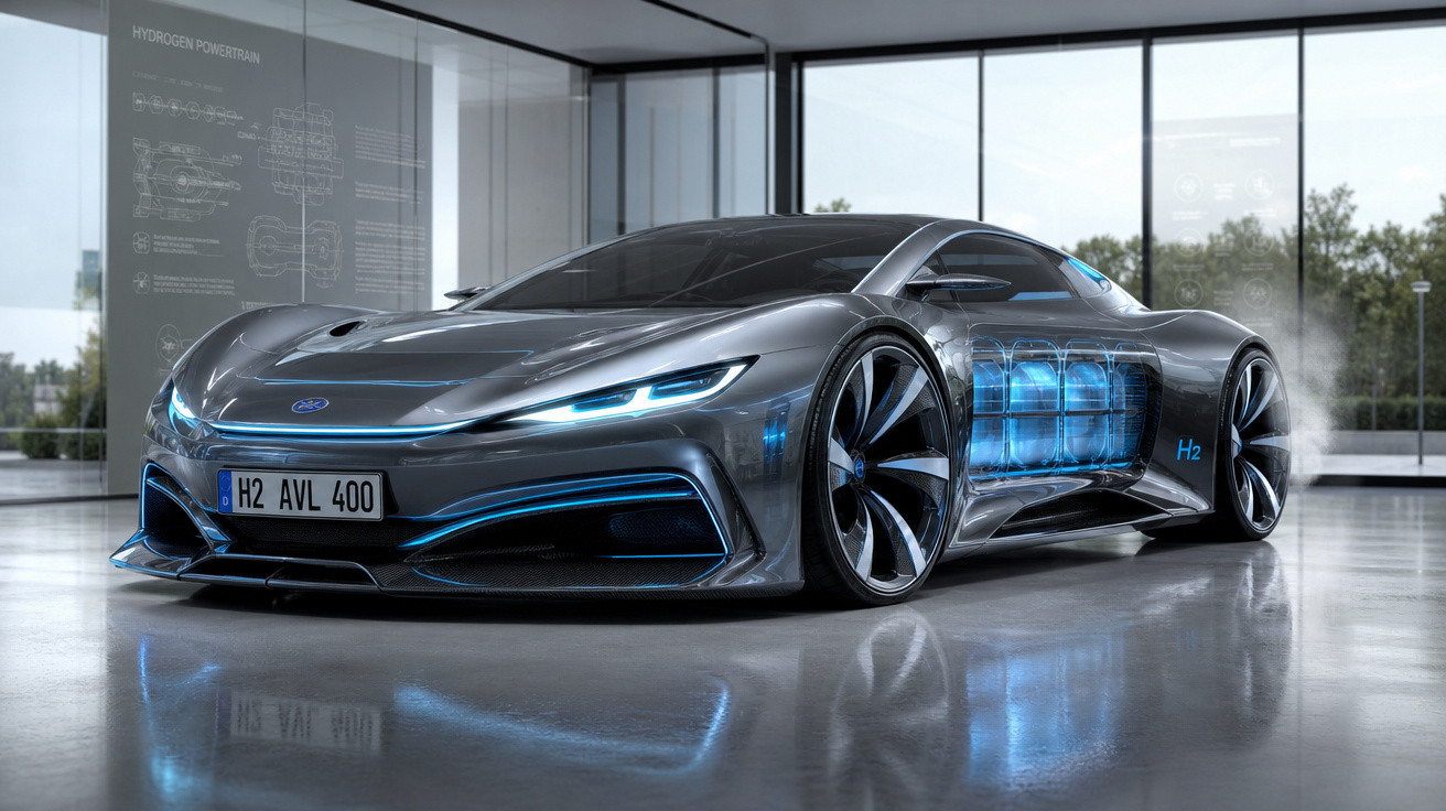 Carro esportivo futurista cinza com iluminação azul e destaque para célula de combustível de hidrogênio H2.