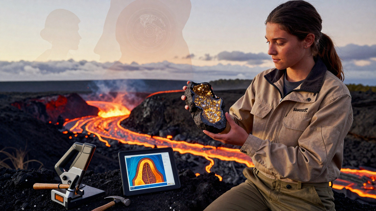 Mulher estudando pedra vulcânica próxima a um rio de lava com equipamentos e tablet ao lado.