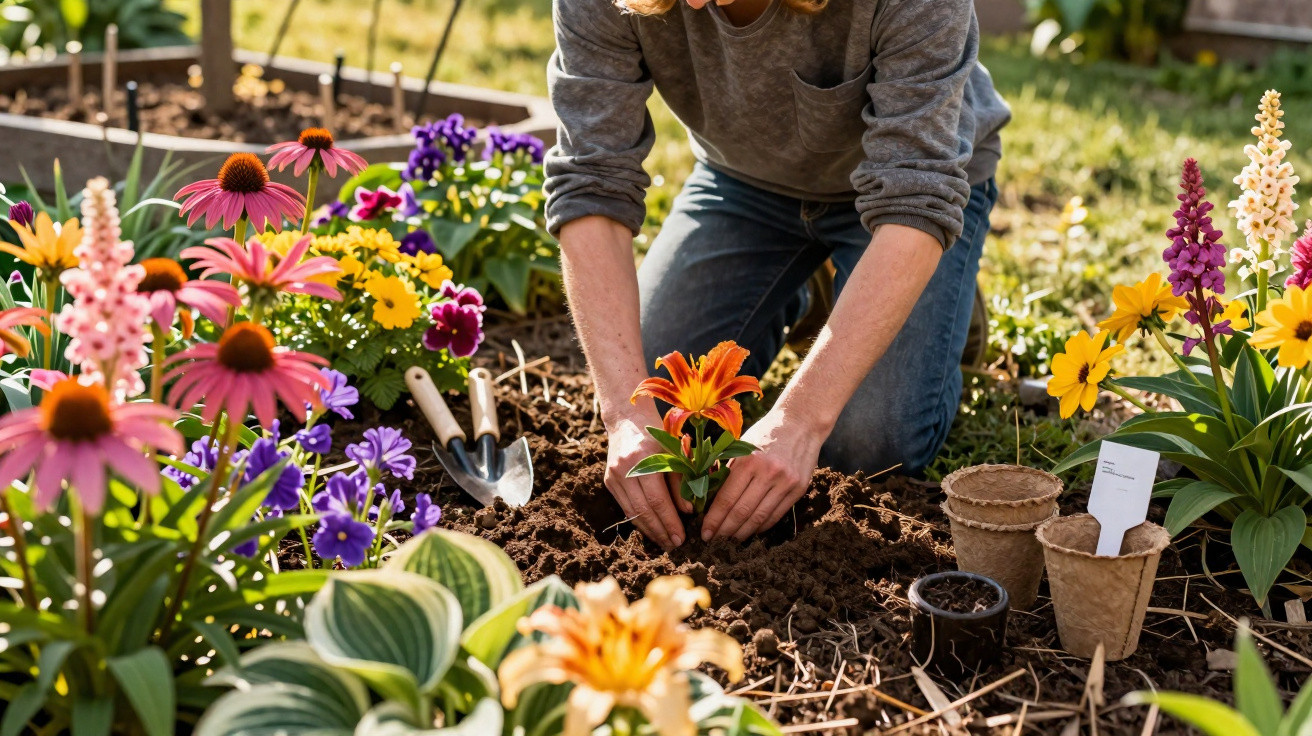 Pessoa plantando flor laranja em jardim florido com ferramentas de jardinagem ao redor.