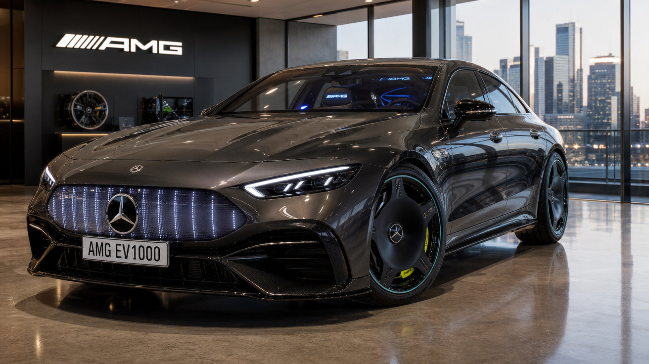 Carro esportivo Mercedes-Benz AMG EV1000 cinza em showroom moderno com vista para prédios urbanos ao fundo.