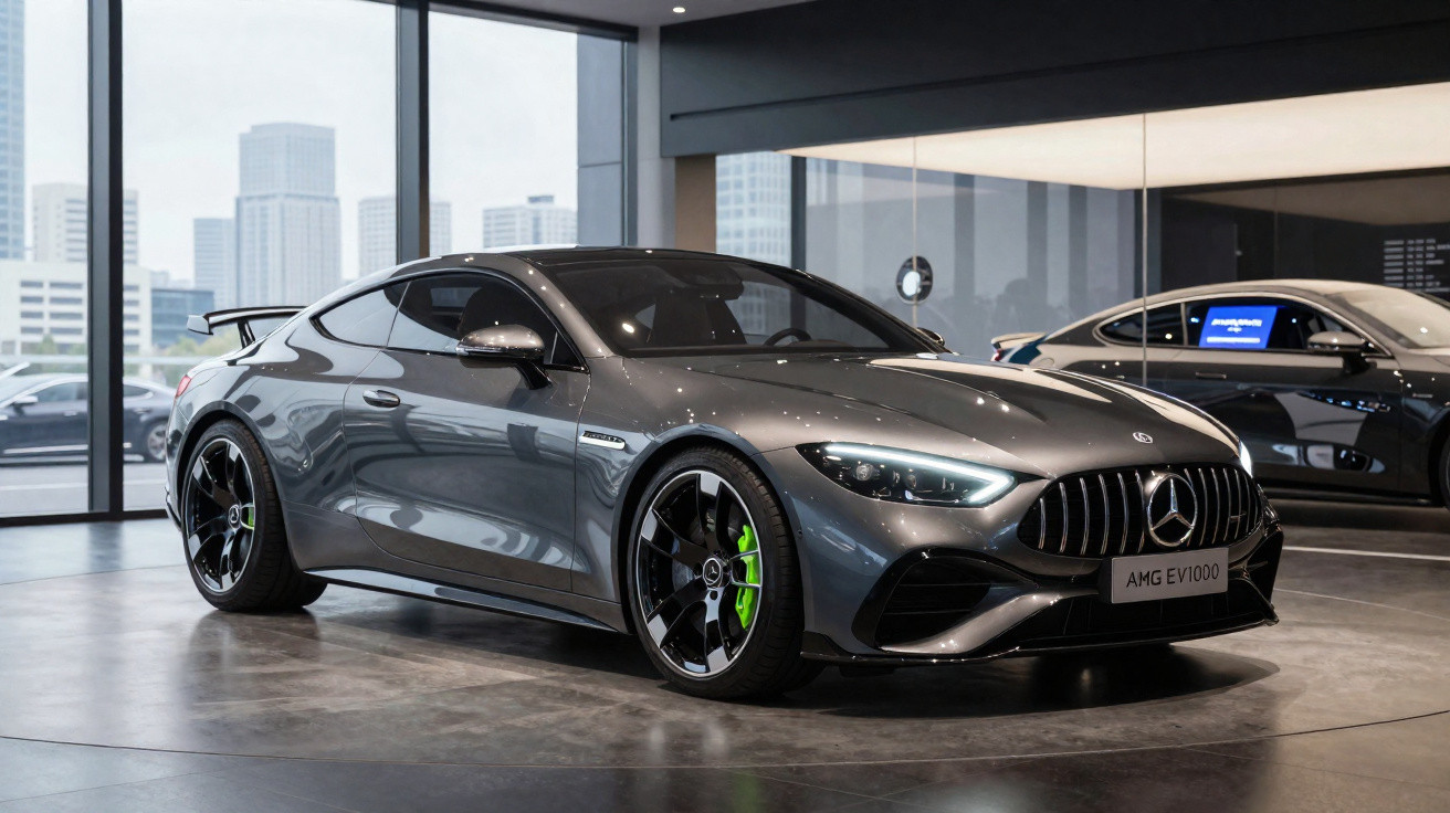 Carro esportivo Mercedes-AMG EV1000 cinza exibido em showroom moderno com janelas grandes e outro veículo ao fundo.