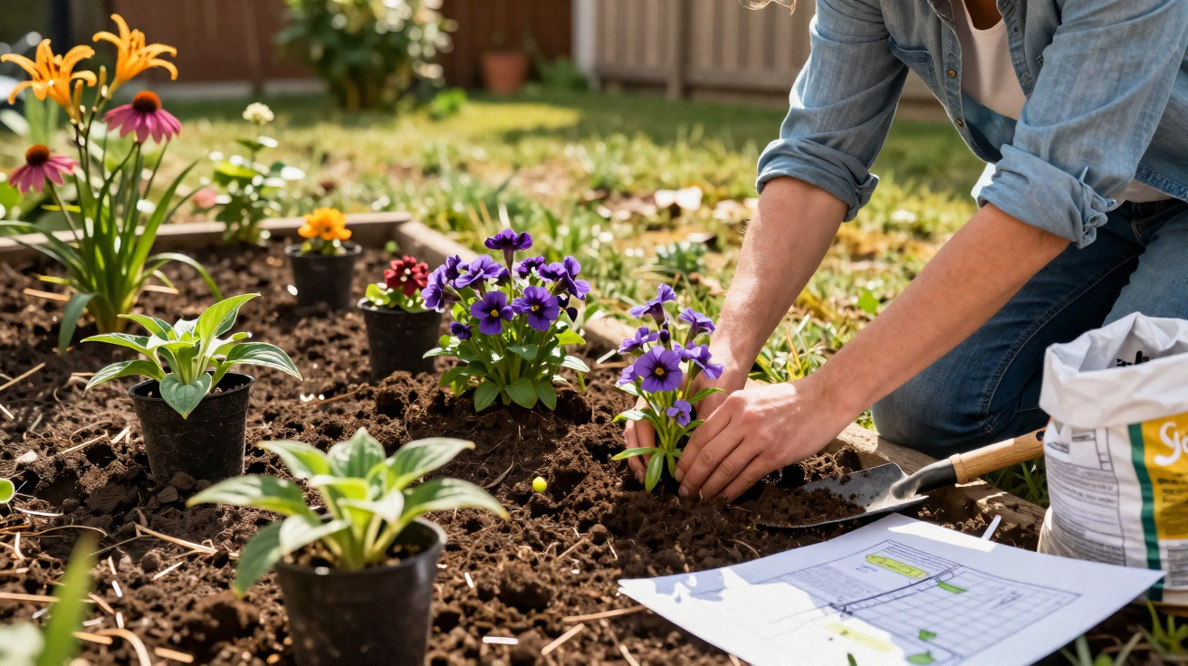 Pessoa plantando flores roxas em jardim com outras plantas e plano de plantio ao lado.