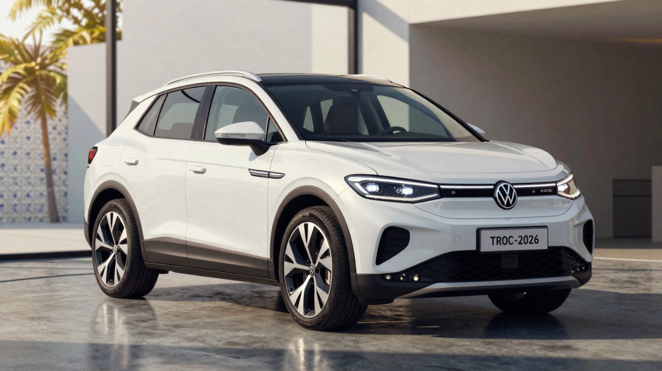Carro elétrico SUV Volkswagen T-Roc 2026 branco estacionado em piso externo com luz natural.
