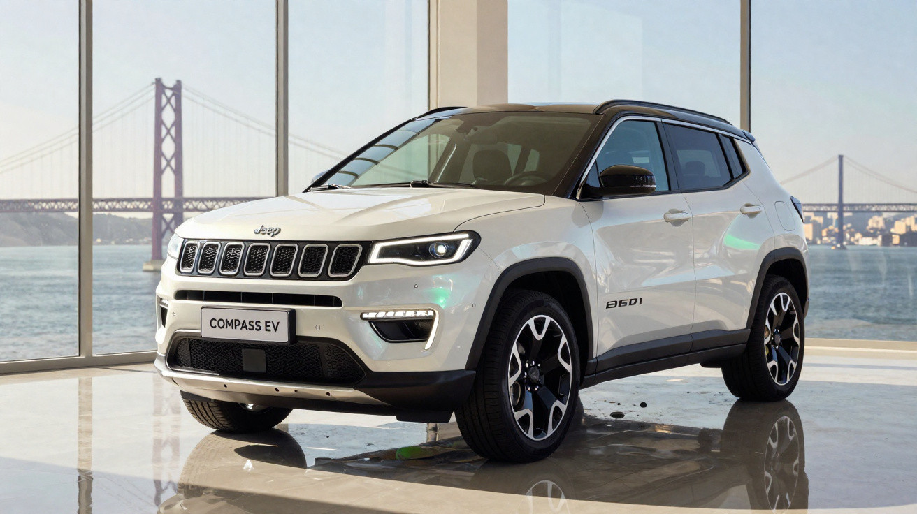 SUV Jeep Compass EV branco em showroom com janelas grandes e ponte ao fundo.