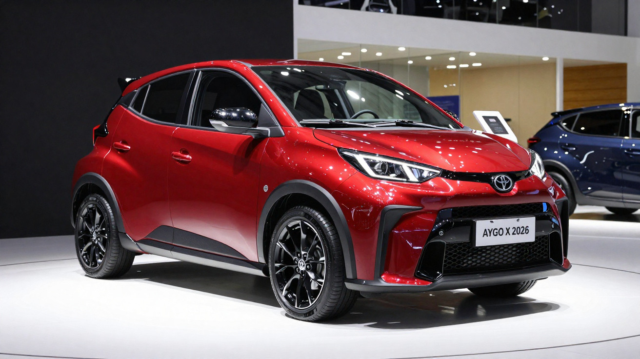 Carro vermelho Toyota Aygo X 2026 exposto em ambiente interno com iluminação branca.