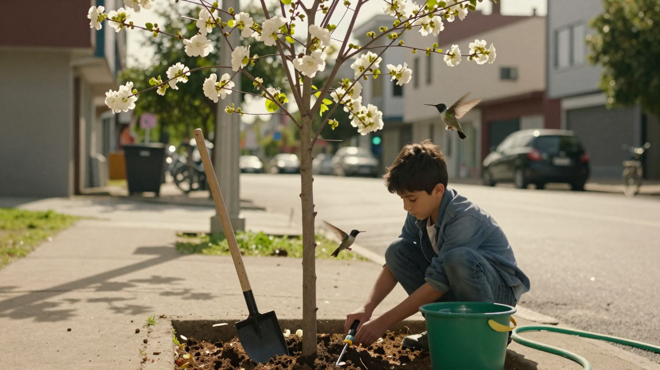 Menino plantando árvore florida na calçada, com pá, regador e dois beija-flores voando próximos.