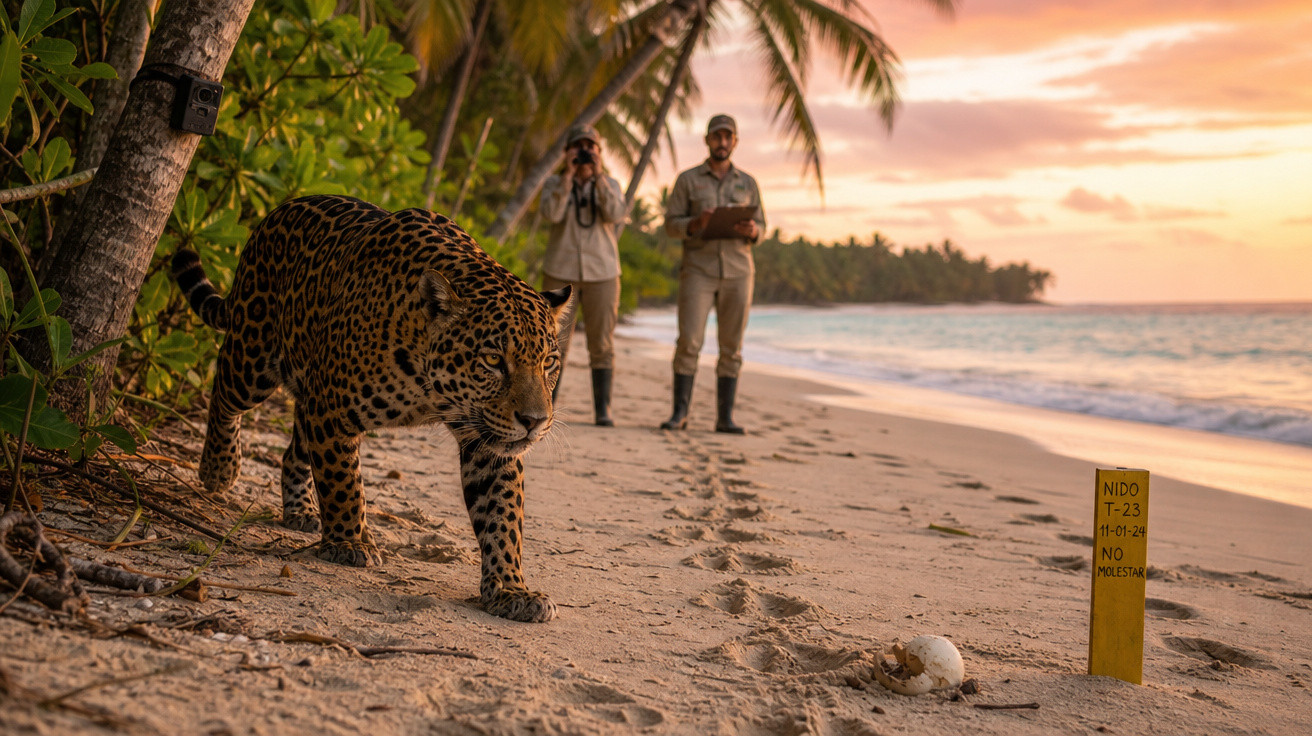 Onça-pintada caminhando na praia ao amanhecer com dois pesquisadores ao fundo e placa sinalizando ninho de tartaruga.