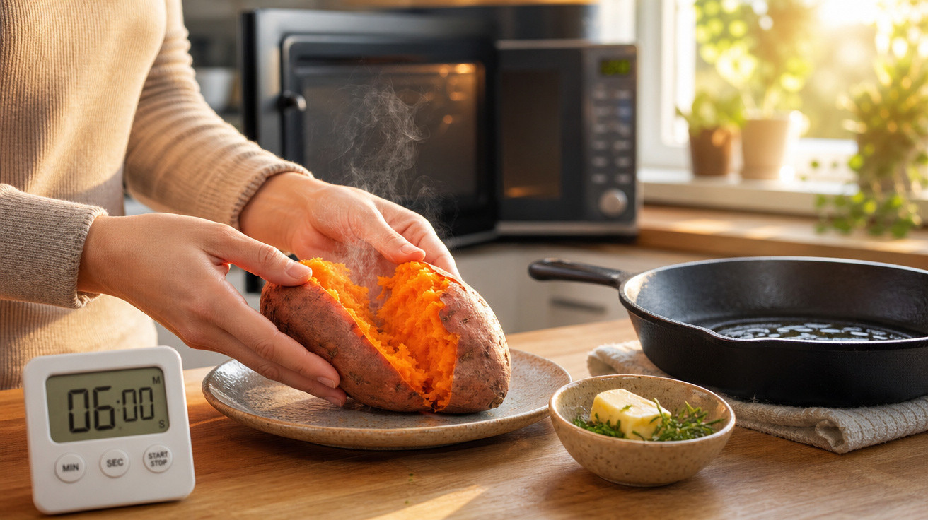 Pessoa abrindo batata-doce assada fumegante na cozinha com timer, manteiga e frigideira ao fundo.