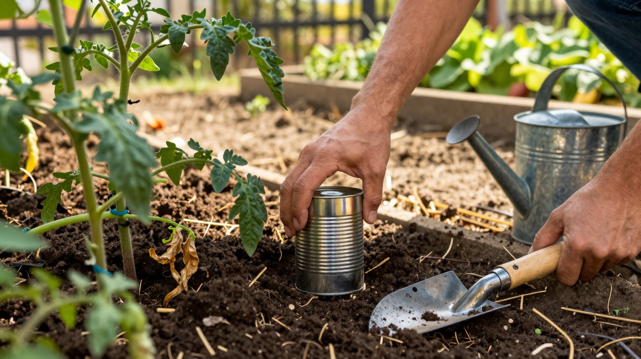 Mãos plantando muda com pote de lata em solo de horta com regador metálico e pá de jardim.