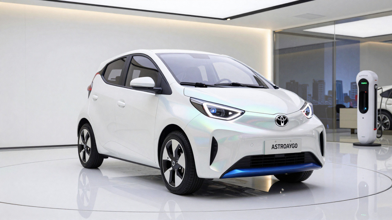 Carro elétrico branco Toyota Astroaygo em exibição com carregador elétrico ao fundo em ambiente moderno