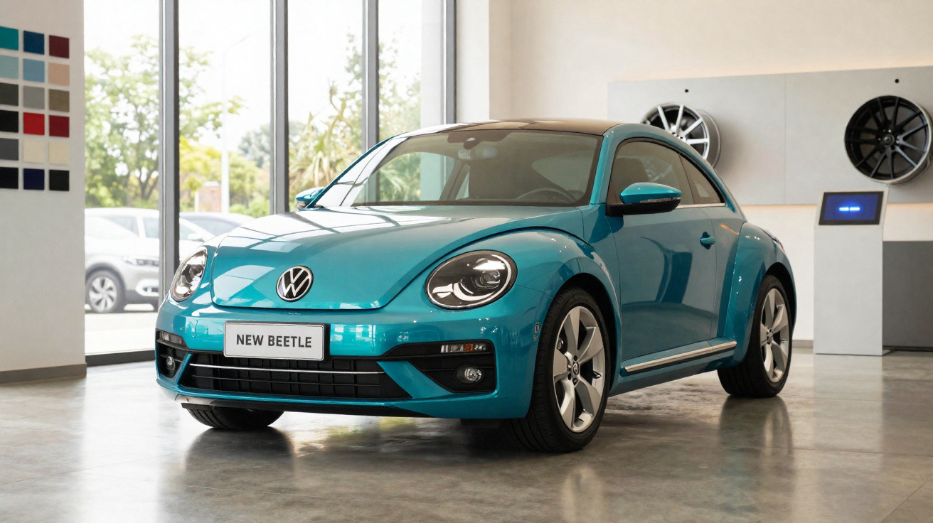 Carro Volkswagen New Beetle azul exibido em showroom com paredes brancas e piso cinza polido.