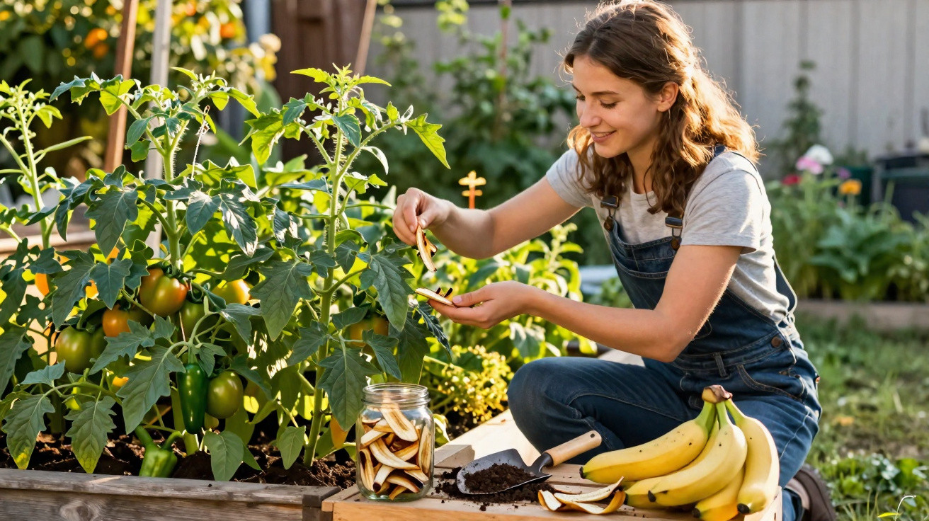 Mulher colhendo cogumelos em jardim com plantas e bananas ao lado, sorrindo.