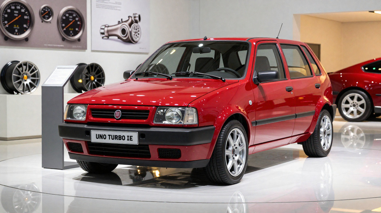 Carro vermelho Fiat Uno Turbo IE em exposição com rodas e instrumentos ao fundo.