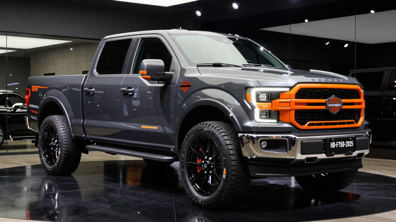 Picape Ford F-150 cinza com detalhes em laranja exposta em ambiente interno com piso refletivo.
