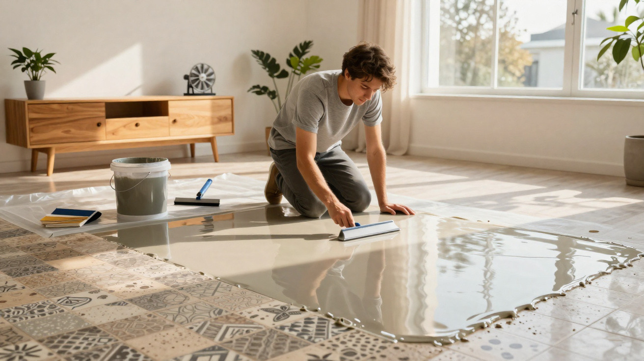 Homem aplicando resina epóxi transparente sobre piso de azulejos decorados em sala iluminada.
