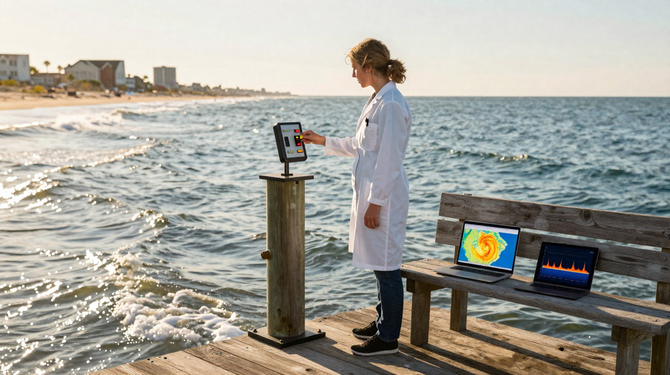 Mulher cientista em jaleco operando equipamento de medição em píer com laptops ao lado e mar ao fundo.