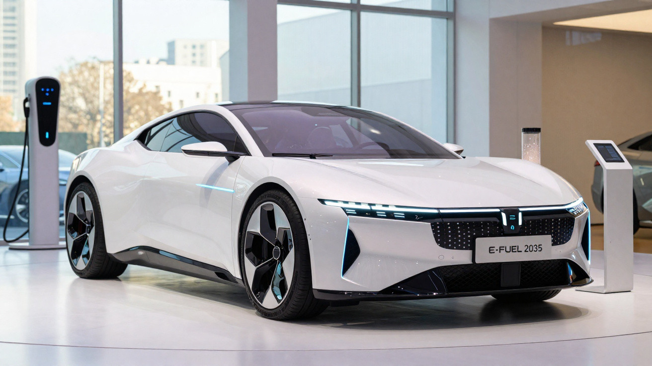 Carro esportivo elétrico branco estacionado em área interna com estação de recarga ao fundo.
