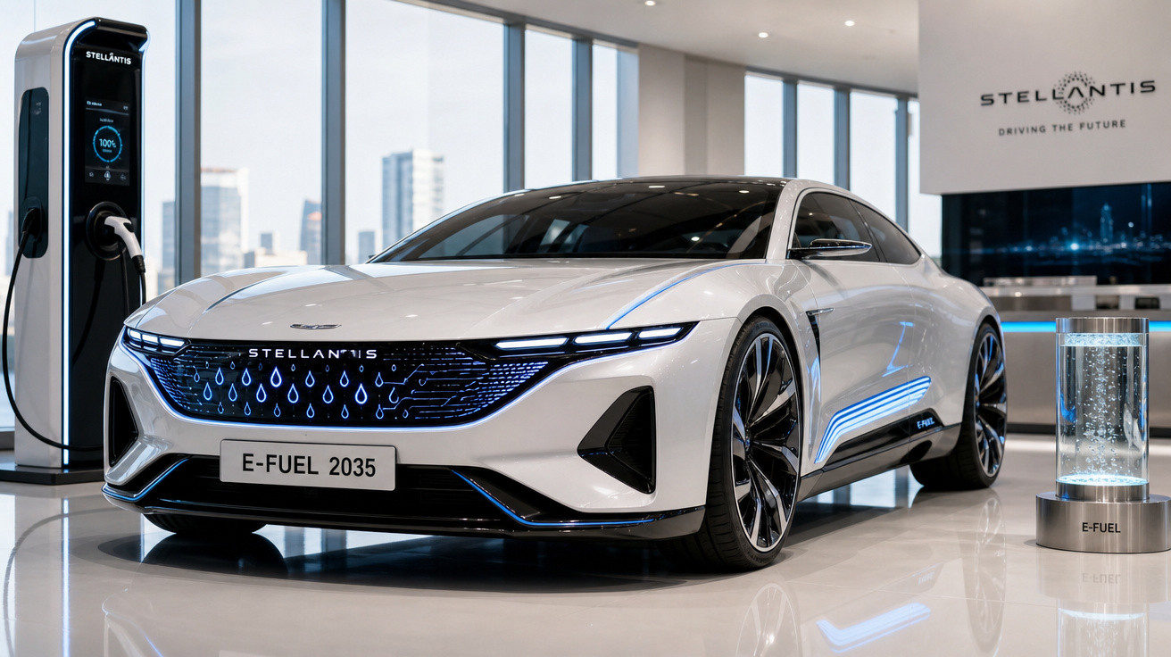 Carro elétrico branco Stelantis E-Fuel 2035 em exposição, conectado em estação de recarga.