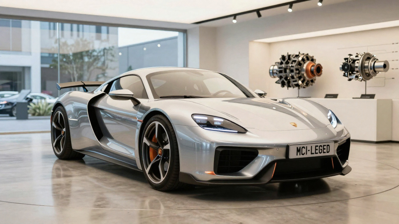 Carro esportivo prata Porsche em exibição dentro de showroom moderno com motor exposto ao fundo.