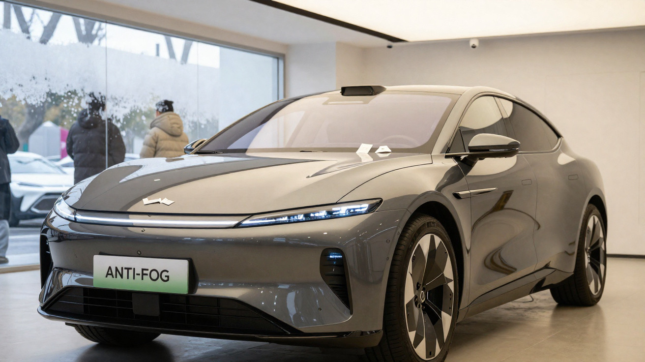 Carro elétrico cinza moderno em exposição dentro de showroom com placa frontal escrita ANTI-FOG.