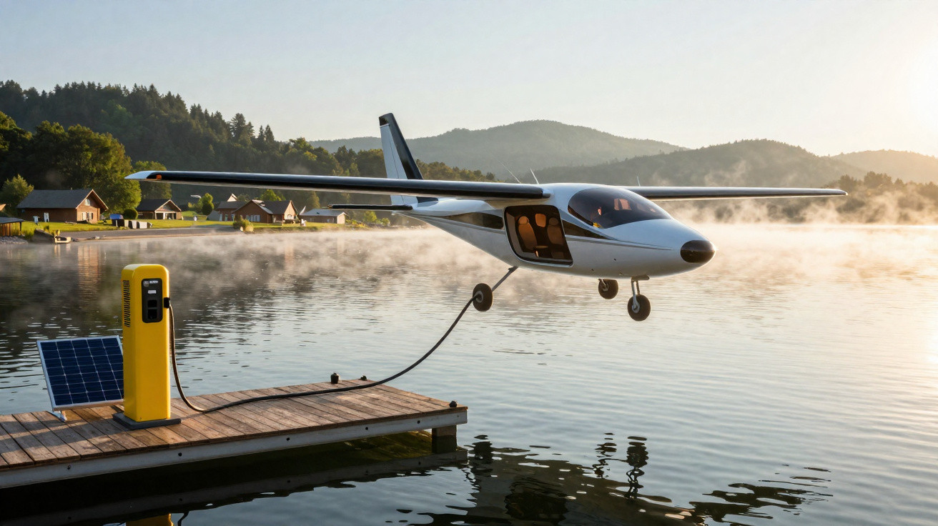 Avião elétrico sendo carregado em posto com painel solar à beira de lago cercado por montanhas e casas.