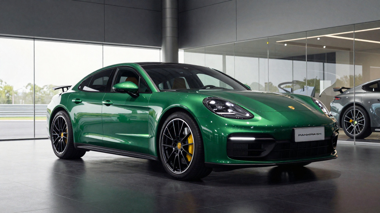 Carro esportivo Porsche Panamera GTS verde em exposição dentro de showroom moderno.