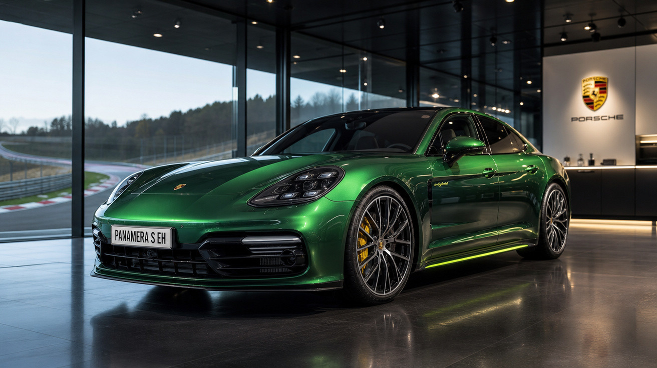 Carro esportivo Porsche Panamera S E-Hybrid verde em showroom moderno com piso reflectivo.