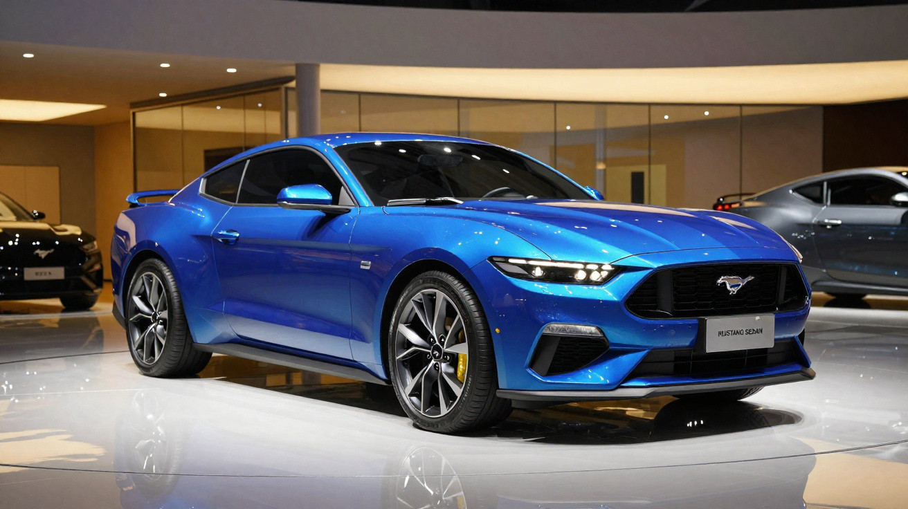 Carro esportivo azul Ford Mustang sedan exposto em ambiente interno com iluminação moderna.